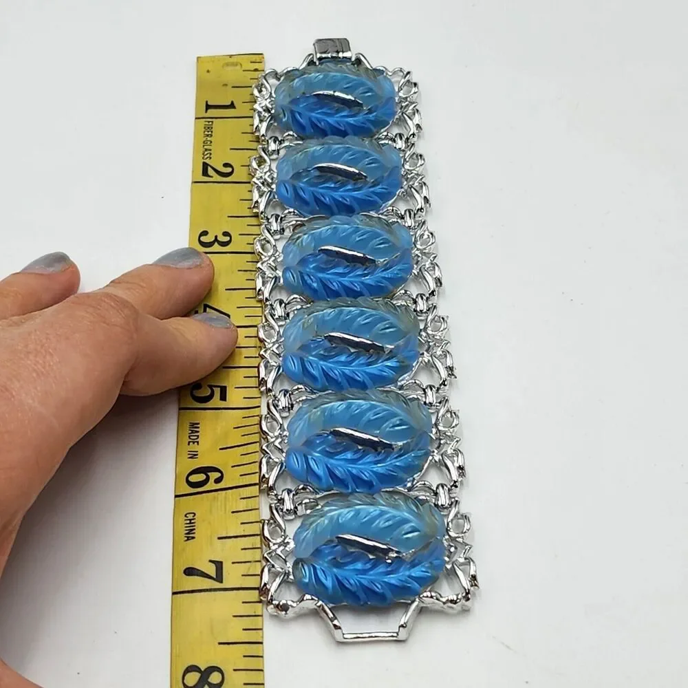 Vintage Blue Tones Thermoset Panel Wide Leaf Bracelet Cuff Mid Century 7.5